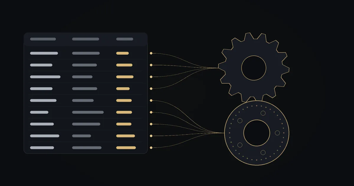 Dark illustration: a supplier price list linked by thin gold lines to a gear and a brake disc