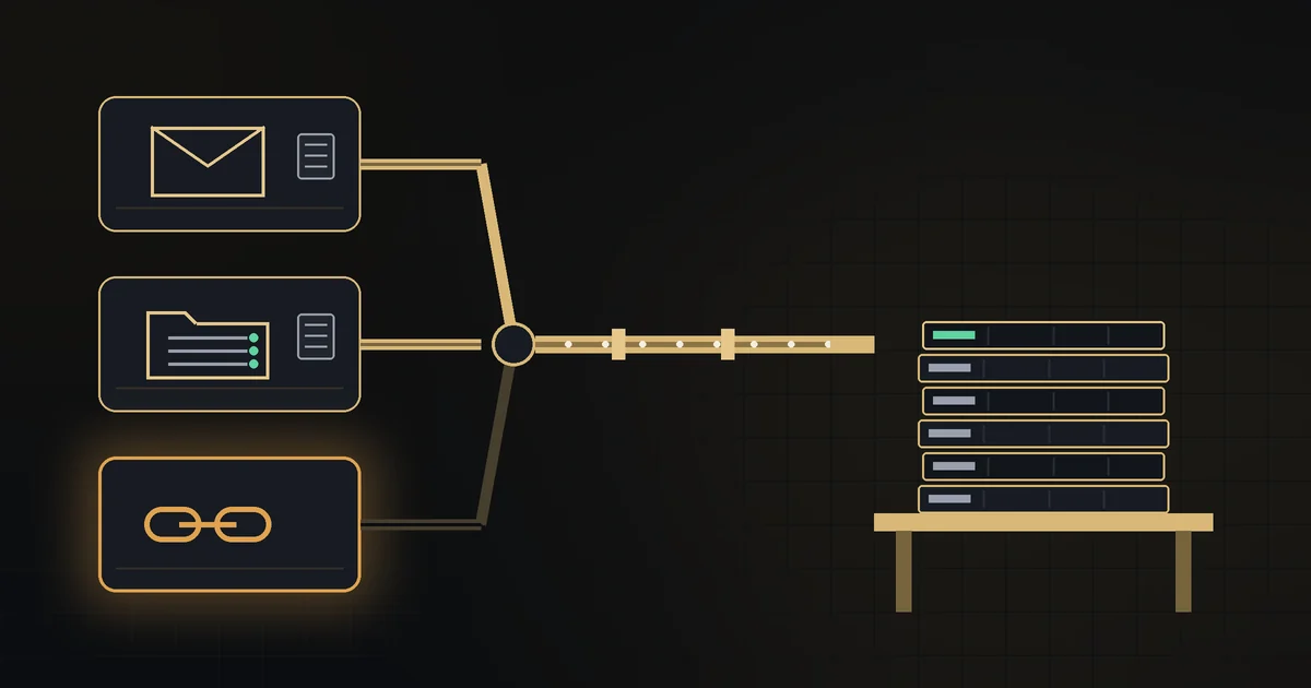 Dark illustration: three intake trays, an envelope, a server folder and a link, feed one pipe into a shelf with a neat stack of spreadsheets; one tray is empty and highlighted