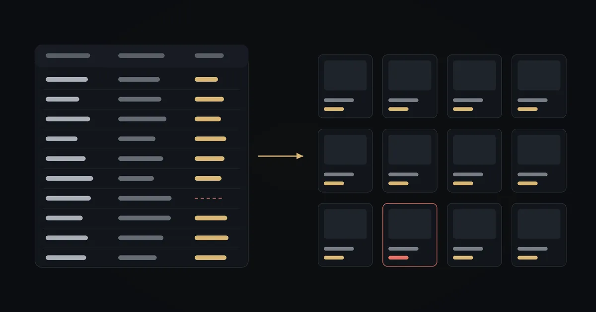 Dark illustration: a cost table feeding a grid of product cards, with one row left blank and its product card flagged red
