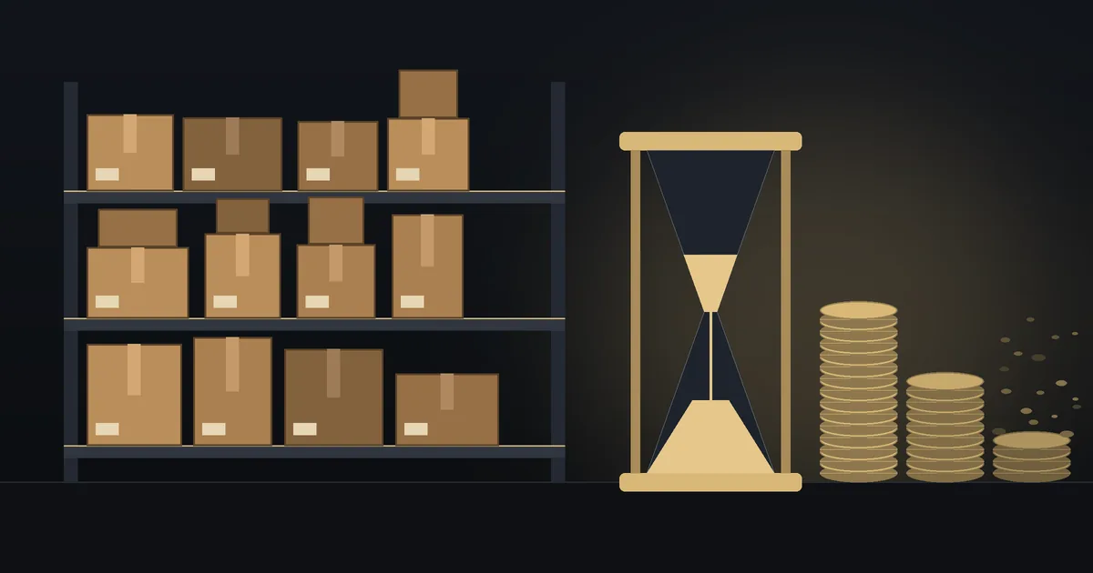 Dark illustration: a warehouse shelf stacked with cardboard boxes, a gold hourglass beside it and three coin stacks that get shorter, the last one scattering into specks