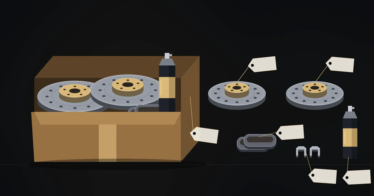 Dark illustration: an open cardboard kit box holding two brake rotors, a pad set and a spray can, next to the same parts laid out separately with blank price tags