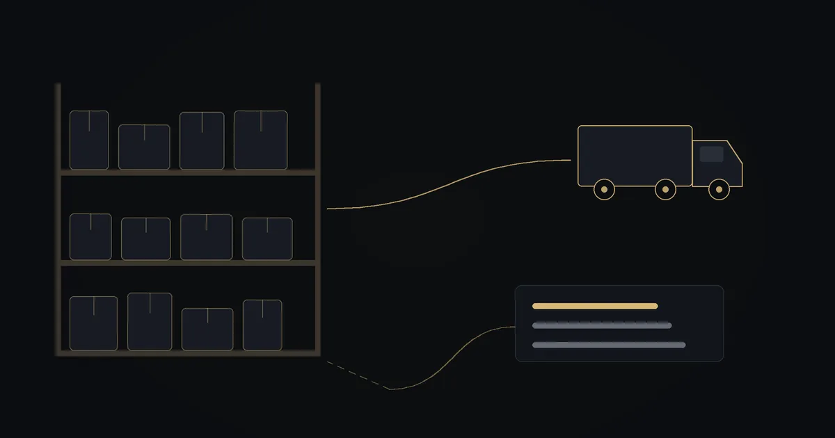 Dark illustration: a stocked warehouse shelf on one side and a delivery truck shipping direct on the other