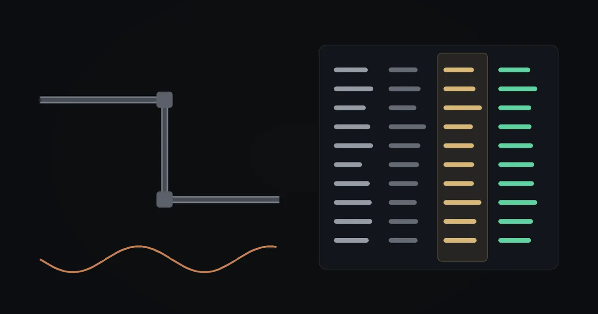 Dark illustration: pipe fittings and a copper cable next to a price table with several price columns, one highlighted in gold