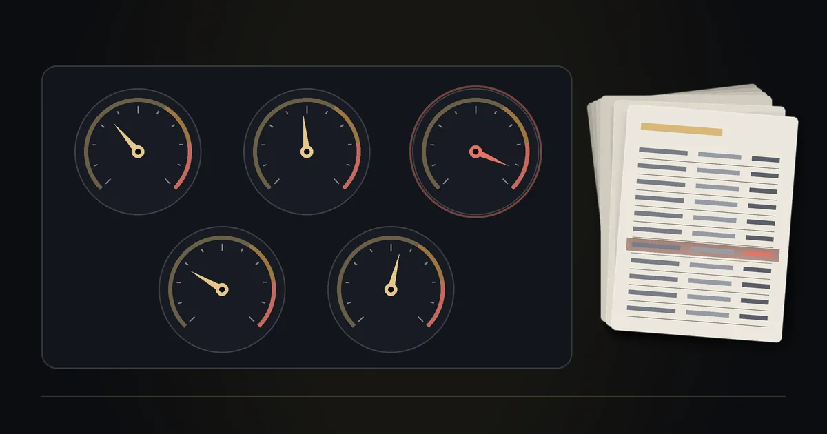 Dark illustration: a dashboard of five round dial gauges with gold needles, one needle swung into the red zone, next to a stack of supplier price lists with one row highlighted in red