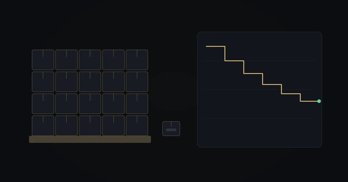 Dark illustration: a full pallet of boxes beside a single box, and a step chart of unit cost falling as order size grows