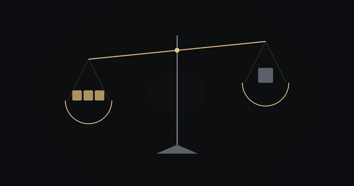 Dark illustration: a balance scale tipped by several small weights against one larger weight