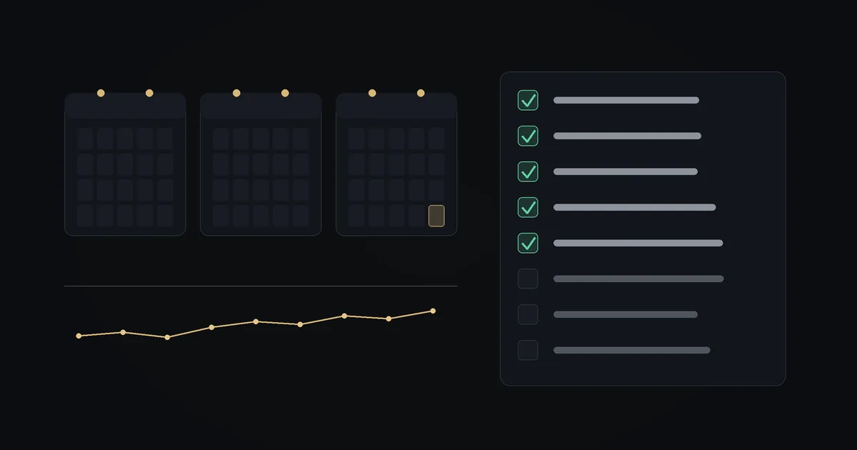 Dark illustration: three monthly calendars, a margin trend line and a checklist with most items ticked