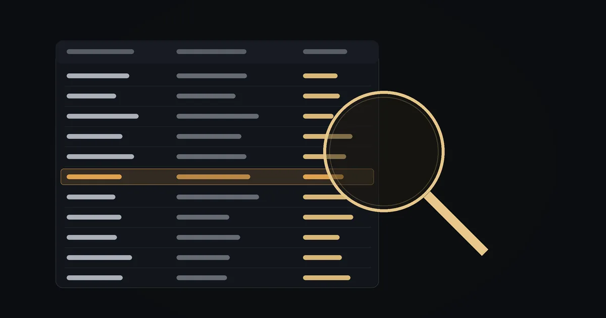 Dark illustration: a magnifying glass over a supplier price list, with one suspicious row highlighted