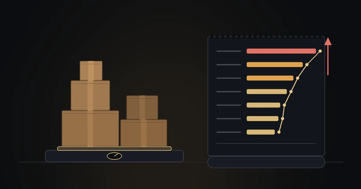 Dark illustration: a stack of cardboard boxes of different sizes on a scale, next to a strip of shipping invoices whose bars climb upward
