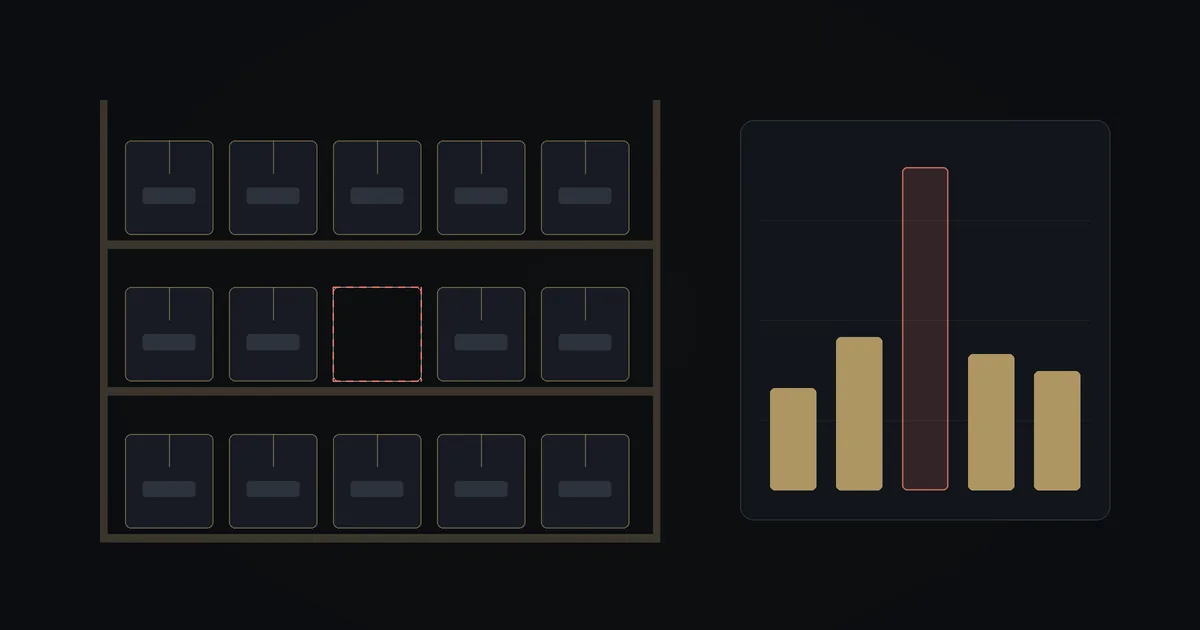 Dark illustration: a shelf of boxes with one empty slot outlined in red, and a sales chart whose tallest bar is gone