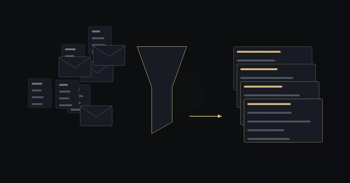Dark illustration: scattered emails and files passing through a funnel into a neat stack of price lists