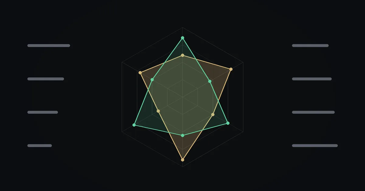 Dark illustration: a radar chart comparing two suppliers across six measures