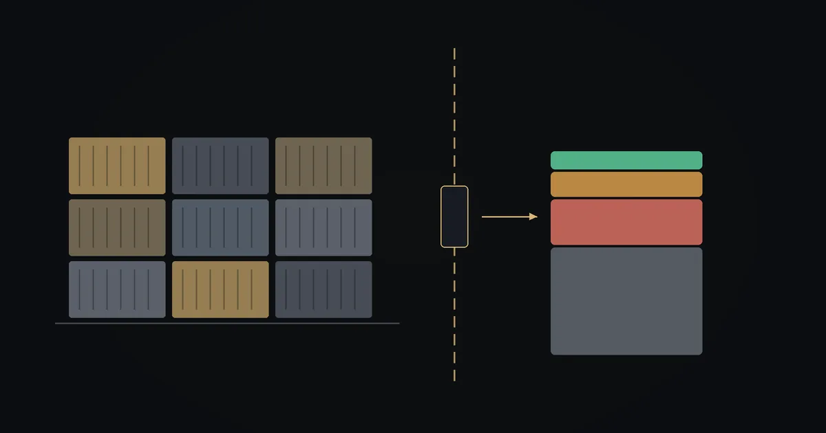Dark illustration: stacked shipping containers, a dashed border with a customs gate and a cost column topped by duty