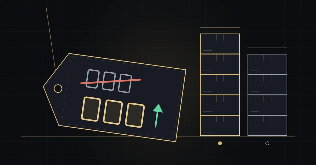 Dark illustration: a gold price tag with the old price struck through and a slightly higher new price, next to two stacks of boxes of different heights