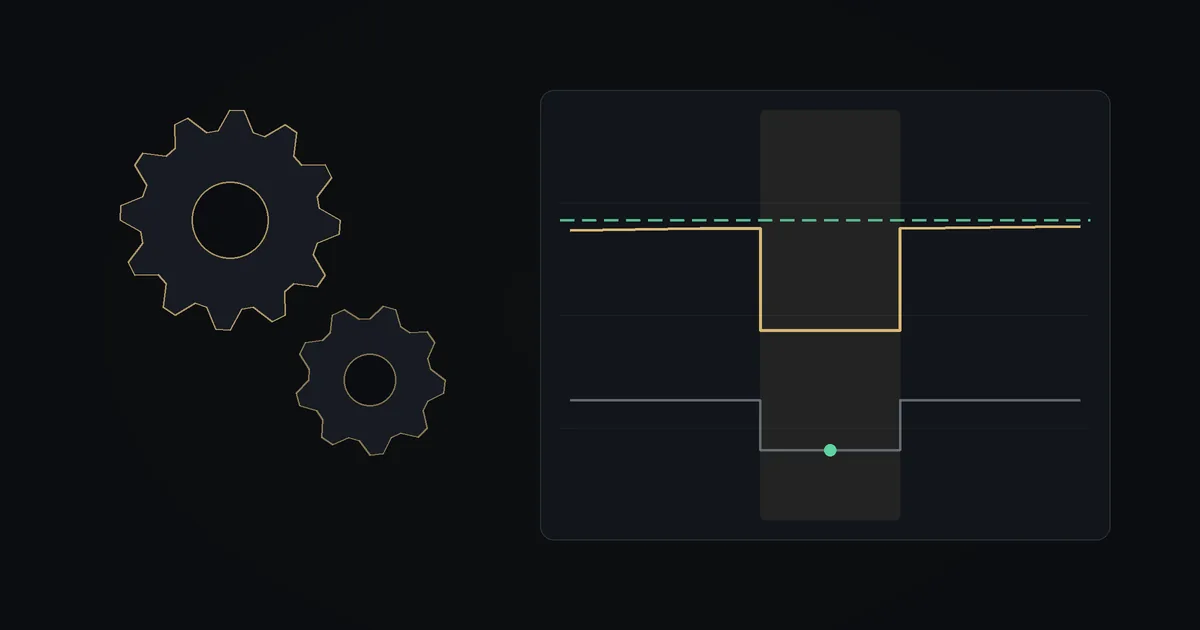 Dark illustration: gears beside a price chart with a dashed minimum advertised price line and a shaded promo window where price and cost dip