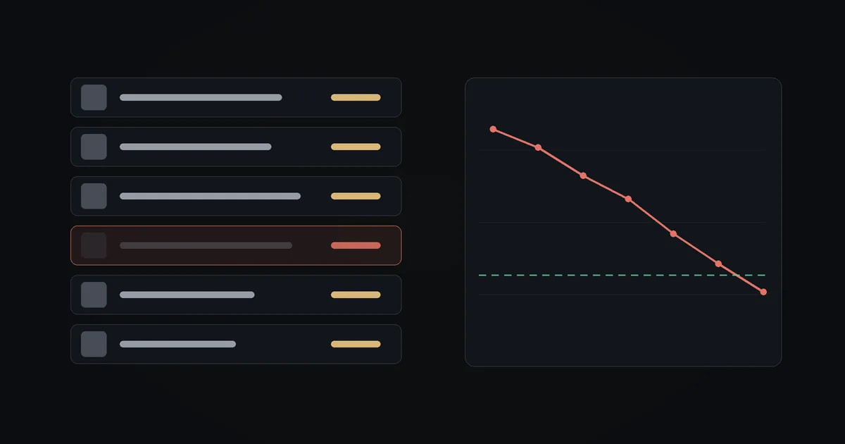 Dark illustration: a list of product lines with one faded and flagged red, next to a falling sales line